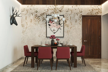 Bull Horn 6-Seater Dining Room with Wallpaper and Chandelier